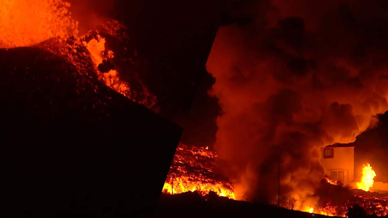 Beeld uit video: Rand van krater vulkaan La Palma stort in
