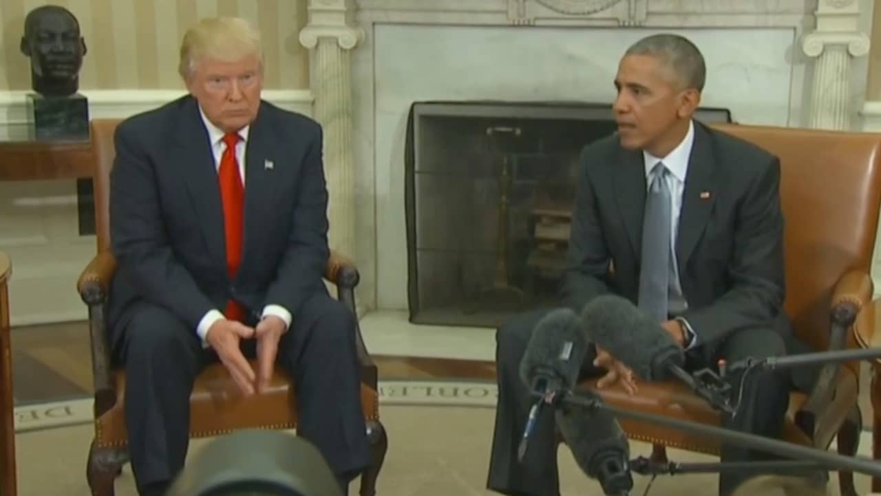 Beeld uit video: Obama noemt eerste ontmoeting met Trump 'bemoedigend'