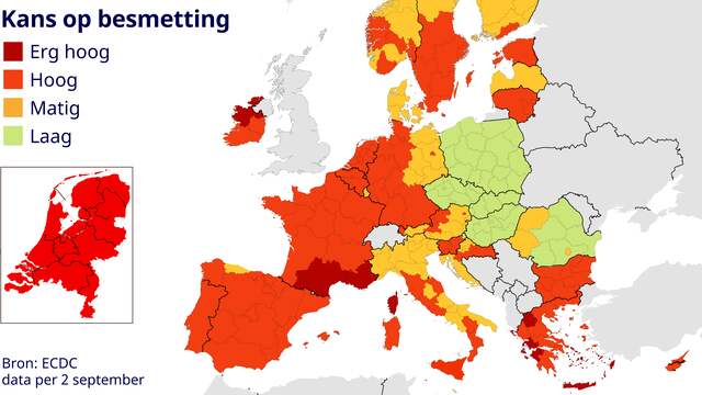 De Europese coronakaart van het Europees Centrum voor ziektepreventie en -bestrijding (ECDC) op 2 september 2021.