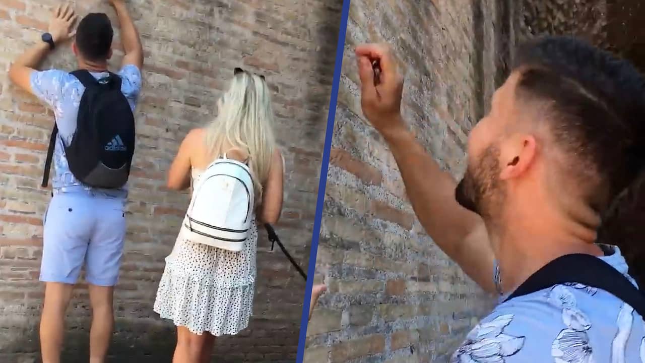 Beeld uit video: Toerist krast zijn naam in muur van het Colosseum in Rome
