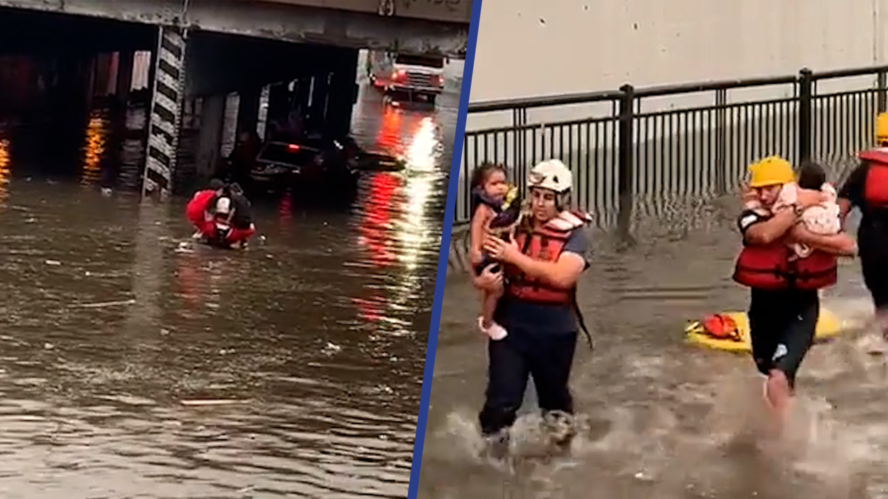 Beeld uit video: Brandweer redt kinderen uit voertuig tijdens overstromingen in VS