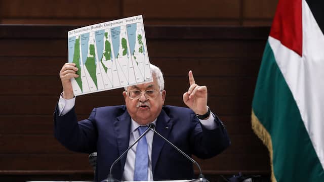 President Mahmoud Abbas op een Palestijnse conferentie over de Palestijnse grenzen, afgelopen september.