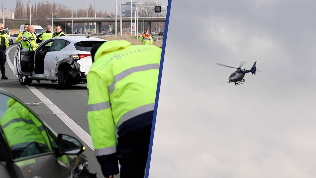 Videobeeld: Politiehelikopter zoekt naar ontsnapte automobilist na ongeval op de A4