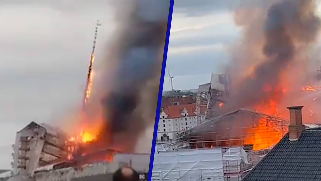 Beeld uit video: Torenspits stort in tijdens brand in iconisch gebouw Kopenhagen