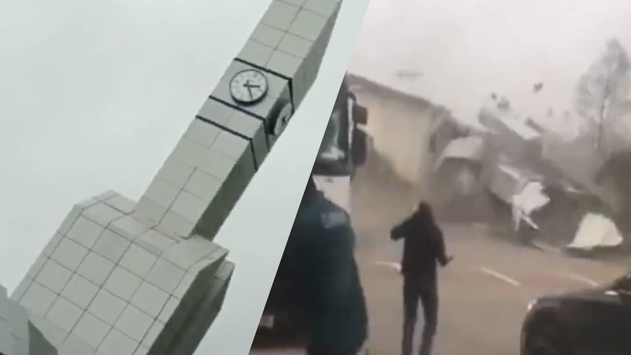 Beeld uit video: Klokkentoren in Turkije valt om door zware storm