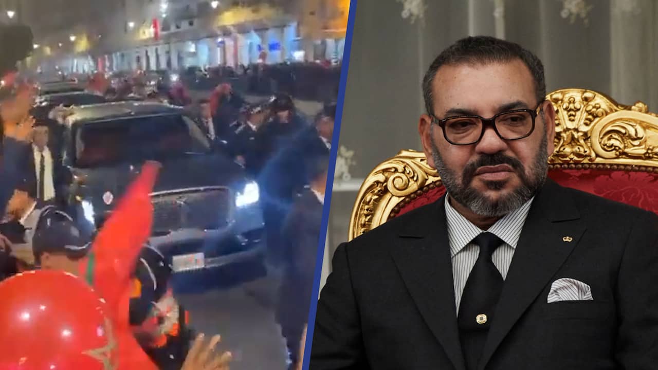 Beeld uit video: Marokkaanse koning viert overwinning op Spanje mee vanuit auto
