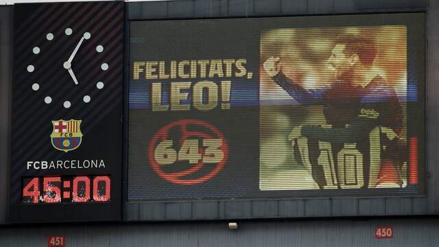 Het scorebord in Camp Nou na de goal van Messi.