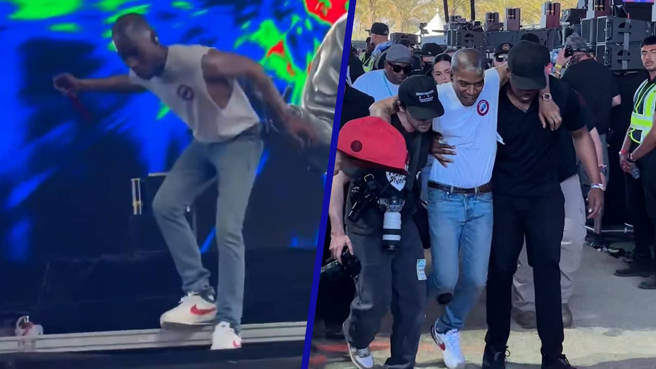 Beeld uit video: Rapper Kid Cudi breekt zijn enkel na sprong van podium