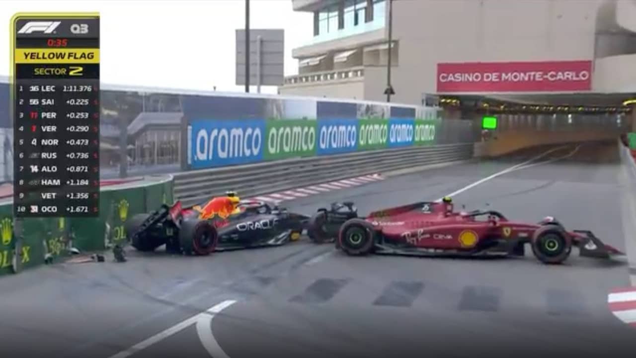 Beeld uit video: Crash Pérez en Sainz zorgen voor chaos in Q3, Leclerc pakt pole