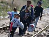 Vluchtelingen lopen over de spoorrails richting de grens tussen Servië en Hongarije.