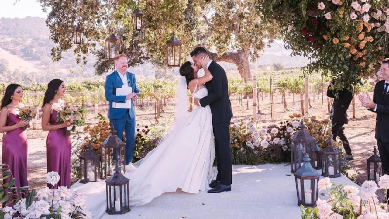 Hyland (31) and Adams (38) got married near Santa Barbara, California.  The couple were married by actor Jesse Tyler Ferguson, who played Haley's uncle Mitch in Modern Family.  (Photo: Instagram Jesse Tyler Ferguson)