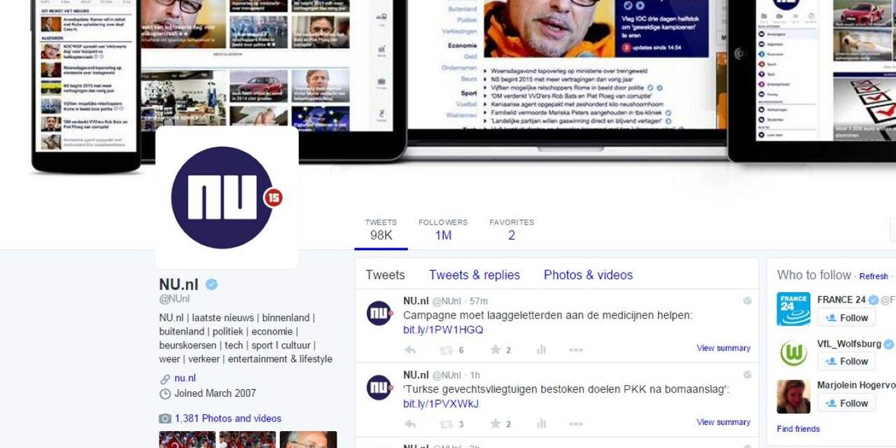 NU.nl bereikt een miljoen volgers op Twitter