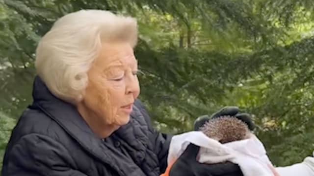 Prinses Beatrix zet egeltjes uit in tuin van kasteel Drakensteyn