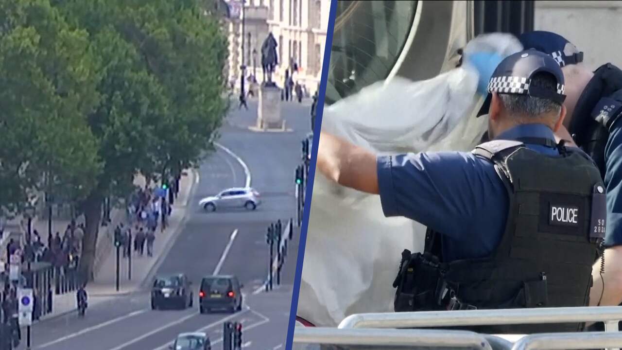 Beeld uit video: Auto rijdt met lage snelheid tegen hek bij Downing Street