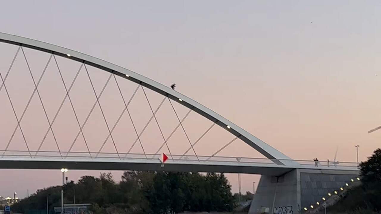 Beeld uit video: Waaghalzen steppen over metershoge brugboog in België