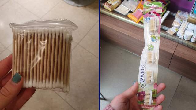 Houten wattenstaafjes en bamboetandenborstels zijn alsnog in plastic verpakt.