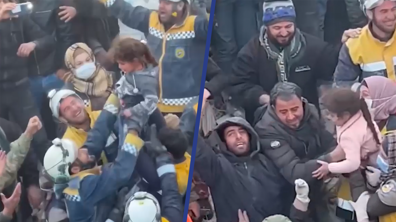 Beeld uit video: Syriërs juichen op moment dat gezin onder puin vandaan wordt gehaald