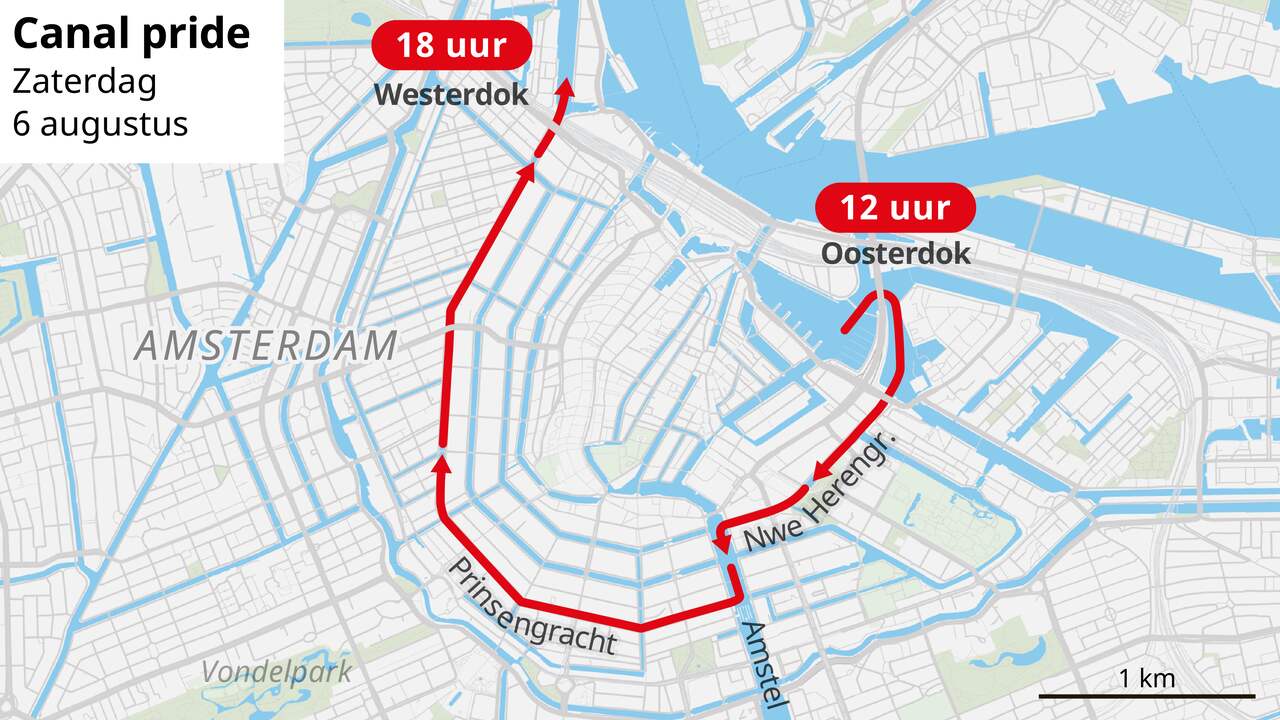 De route die de boten tijdens de Canal Parade afleggen.