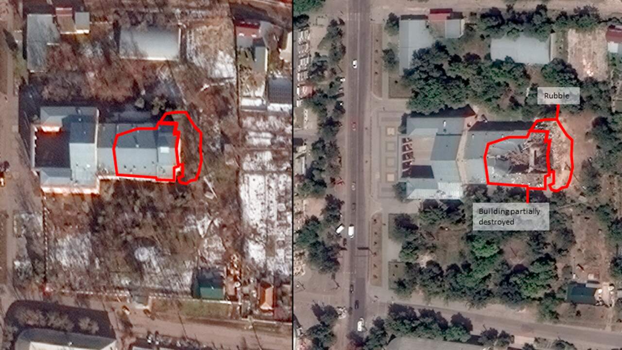 Citra satelit menunjukkan, antara lain, bahwa Istana Kebudayaan di Mykolaiv rusak.