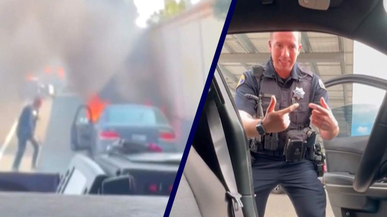 Beeld uit video: Amerikaanse agent redt bewusteloze man uit brandende auto