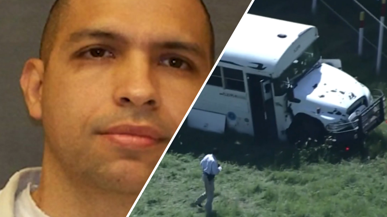 Beeld uit video: Klopjacht in VS gaande op moordenaar die ontsnapt uit bus