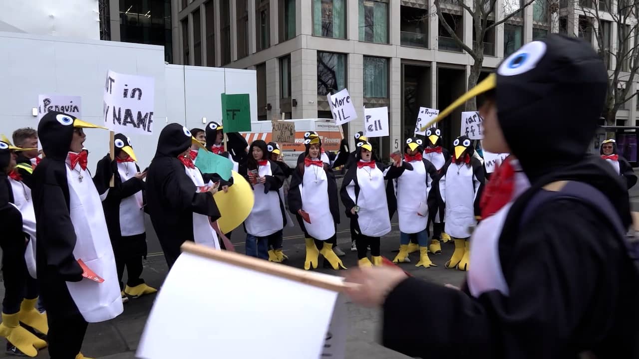 Beeld uit video: Britten demonstreren in pinguïnpakken tegen komst olieplatform