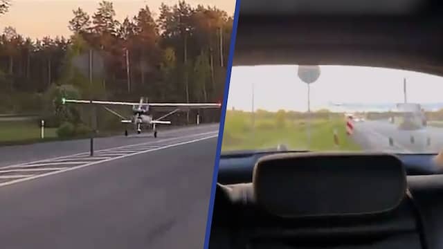 Vliegtuigje scheert langs auto tijdens noodlanding op Letse snelweg