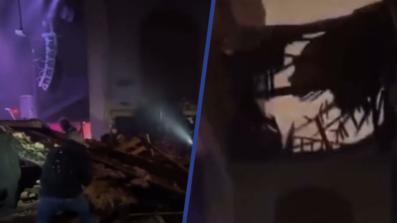 Beeld uit video: Paniek in Amerikaanse theaterzaal na instorten plafond door tornado