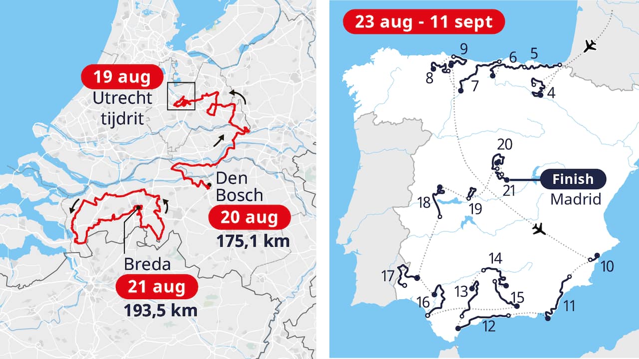 Пътна карта за първите три фази на холандска територия и останалата част от Vuelta a España.