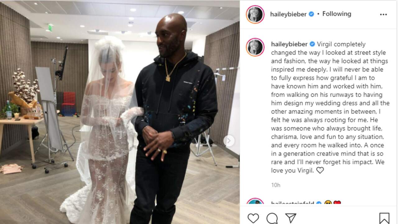 Op Instagram schrijft onder anderen Hailey Bieber over het verlies van de modeontwerper. Abloh maakte haar trouwjurk. (Foto: Instagram/Hailey Bieber)