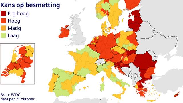 De Europese coronakaart van het ECDC.