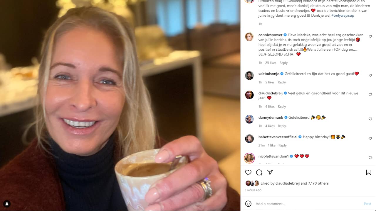 Mariska Bauer viert haar verjaardag en het herstel met een kopje koffie. Foto: Instagram/Mariska Bauer