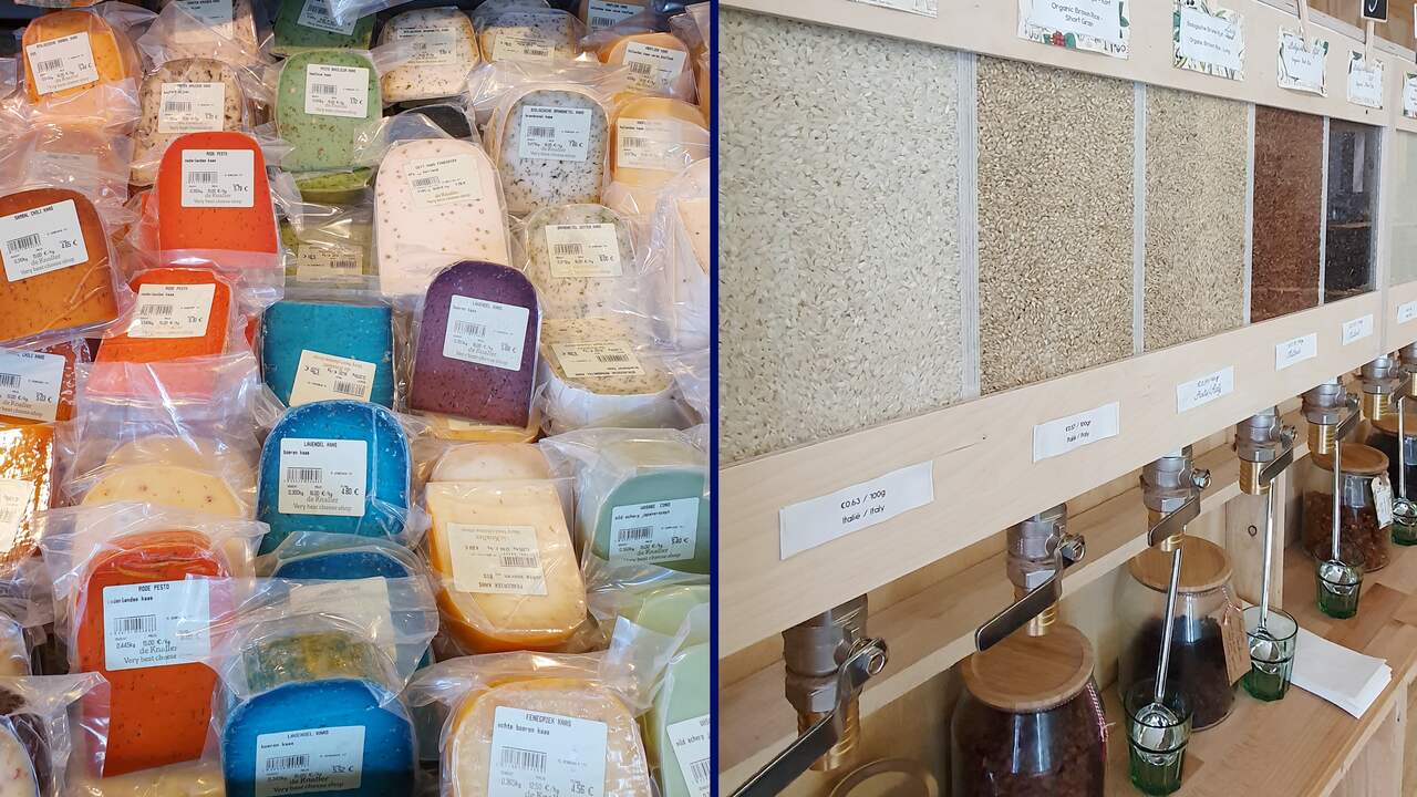 Links: kaas verpakt in plastic op de markt. Rechts: geen verpakkingen in de zero waste-winkel.