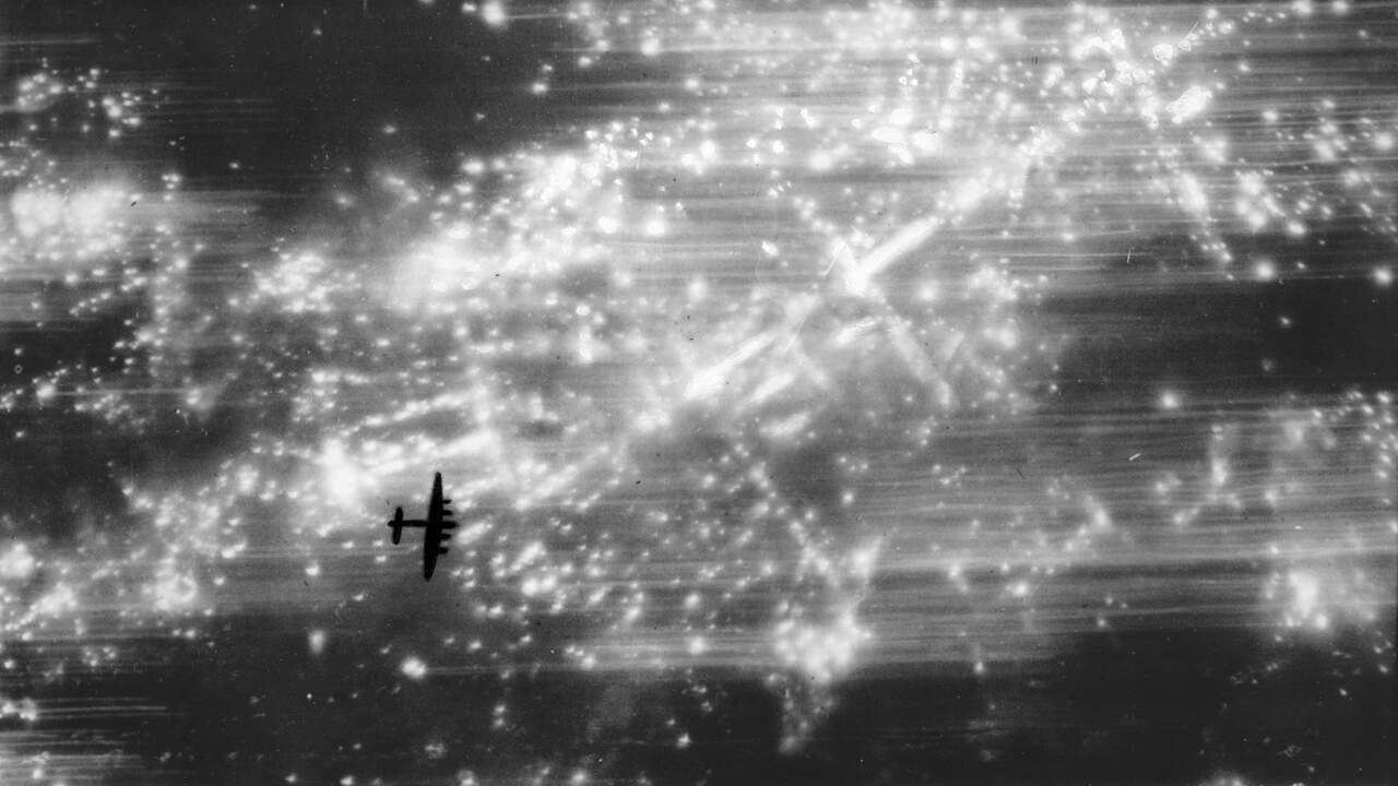 A British Lancaster bomber over Hamburg.