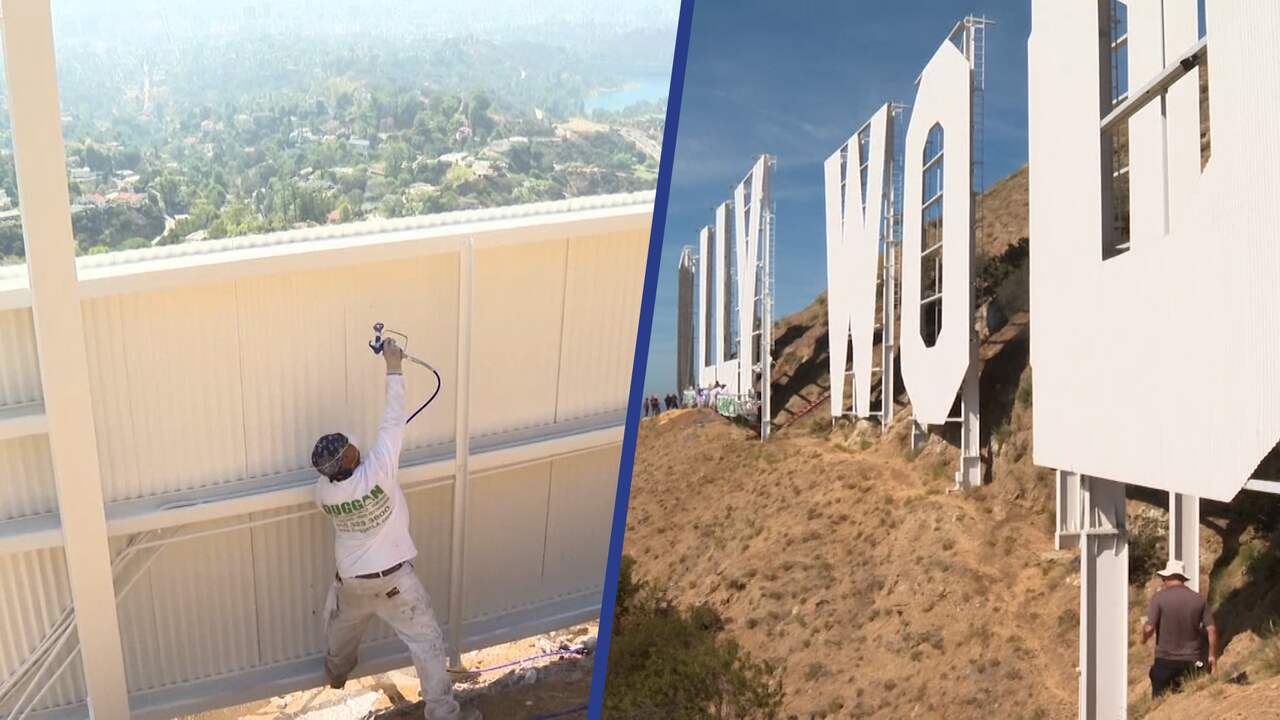 Beeld uit video: Schilders geven Hollywood-letters nieuwe lik verf