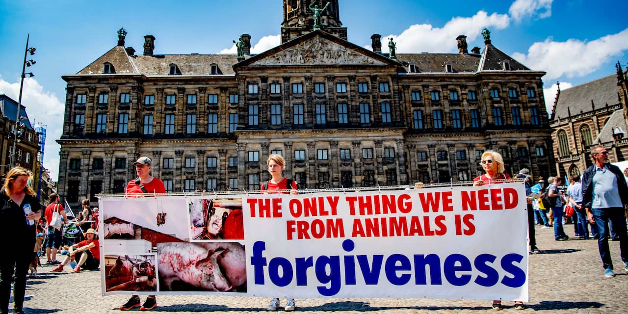 Veganisten in rode kledij houden mars door Amsterdam