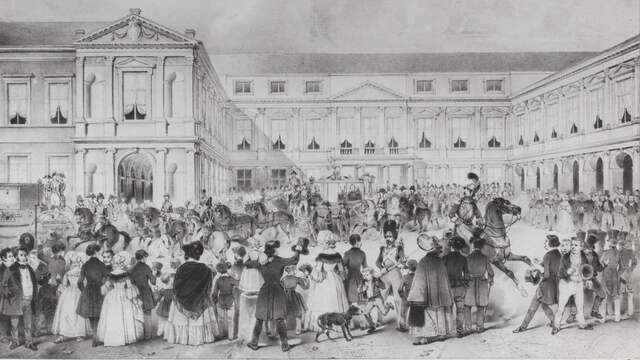 Koning Willem I verlaat Paleis Noordeinde op weg naar het Binnenhof tijdens Prinsjesdag in 1839.