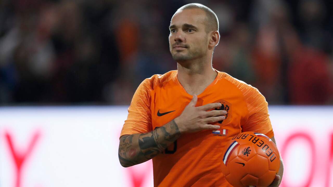 Wesley Sneijder tijdens zijn afscheid bij het Nederlands elftal in 2018.