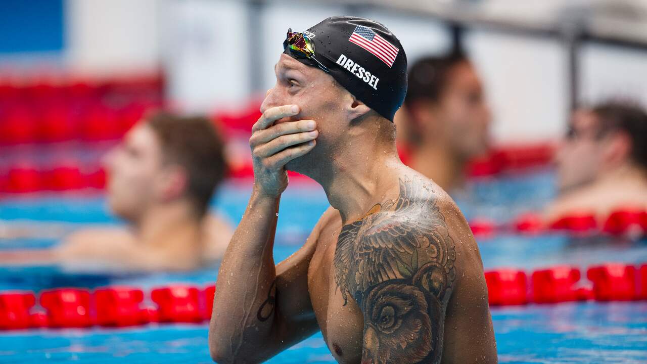 Ongeloof bij Caeleb Dressel na het veiligstellen van zijn gouden medaille.