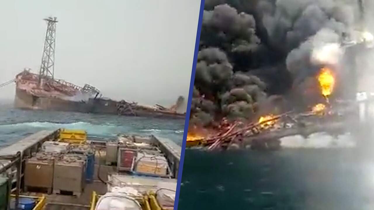 Beeld uit video: Omstanders filmen grote brand op zinkende olietanker bij Nigeria