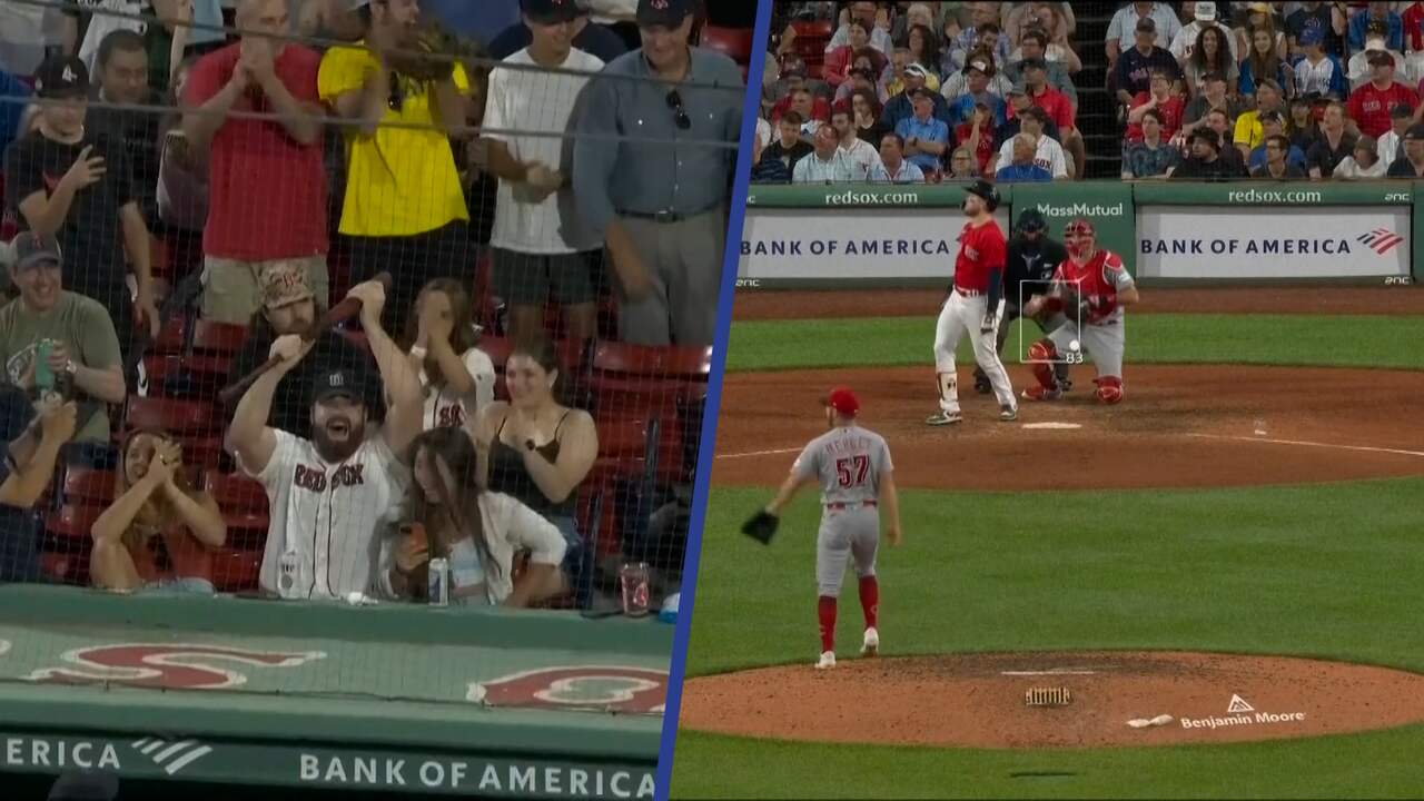 Beeld uit video: Honkbalknuppel vliegt door Amerikaans stadion en belandt bij fan