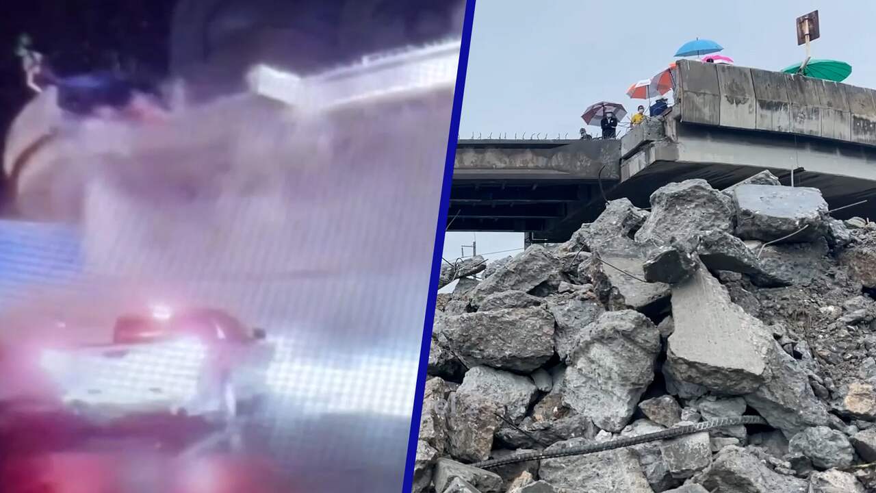 Beeld uit video: Dashcambeelden tonen hoe Thaise brug instort en twee levens eist
