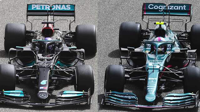 De Mercedes heeft een andere voorvleugel. Ook zijn de inlaten van de sidepods anders, net als alle luchtgeleiders eromheen. Aston Martin is dit jaar naar de hogere positie van die inlaten gegaan, iets wat Mercedes (en de rest van het veld) afgelopen jaar al had. Deze inlaten en alle luchtgeleiders eromheen (bargeboards) zijn duidelijk een eigen ontwerp.