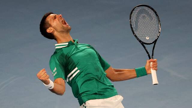 Novak Djokovic is euforisch na zijn zege op Taylor Fritz.