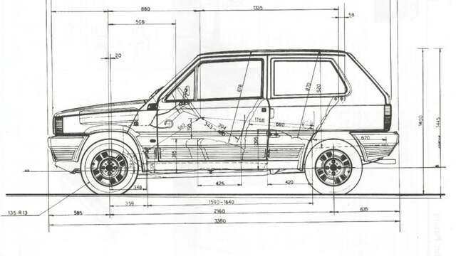De maatvoering van de Fiat Panda in een fabrieksdocument