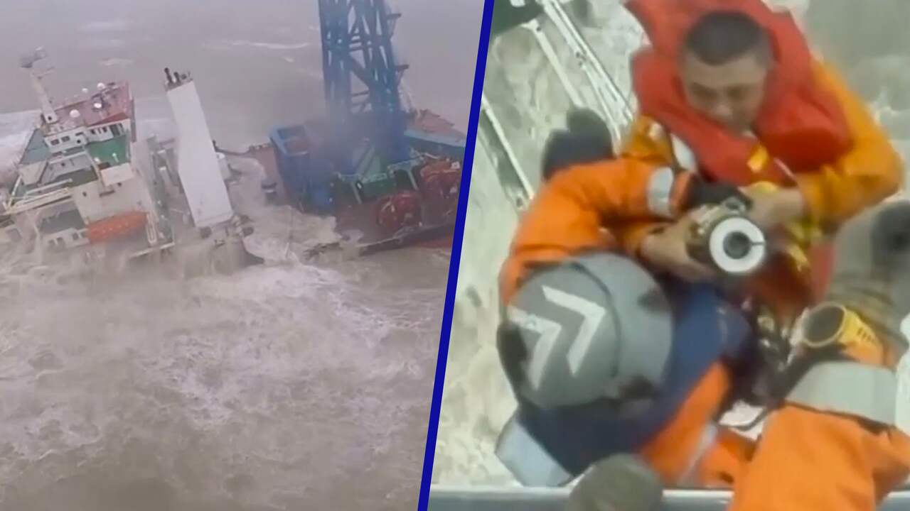 Beeld uit video: Bemand schip zinkt door tyfoon bij Hong Kong