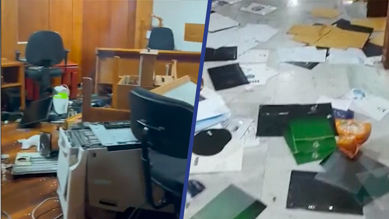 Image from video: Brazilian politician shows damage in government building after storming