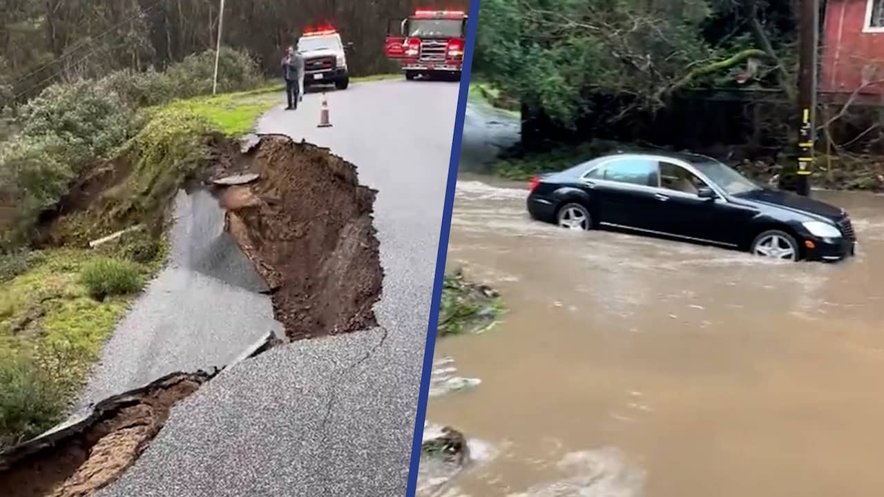 Guarda il video: Noodweer in California zorgt voor instortend wegdek en wateroverlast