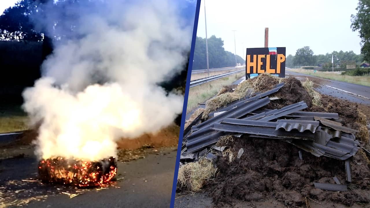 Beeld uit video: Boeren blokkeren op- en afritten met brandende hooibalen en afval