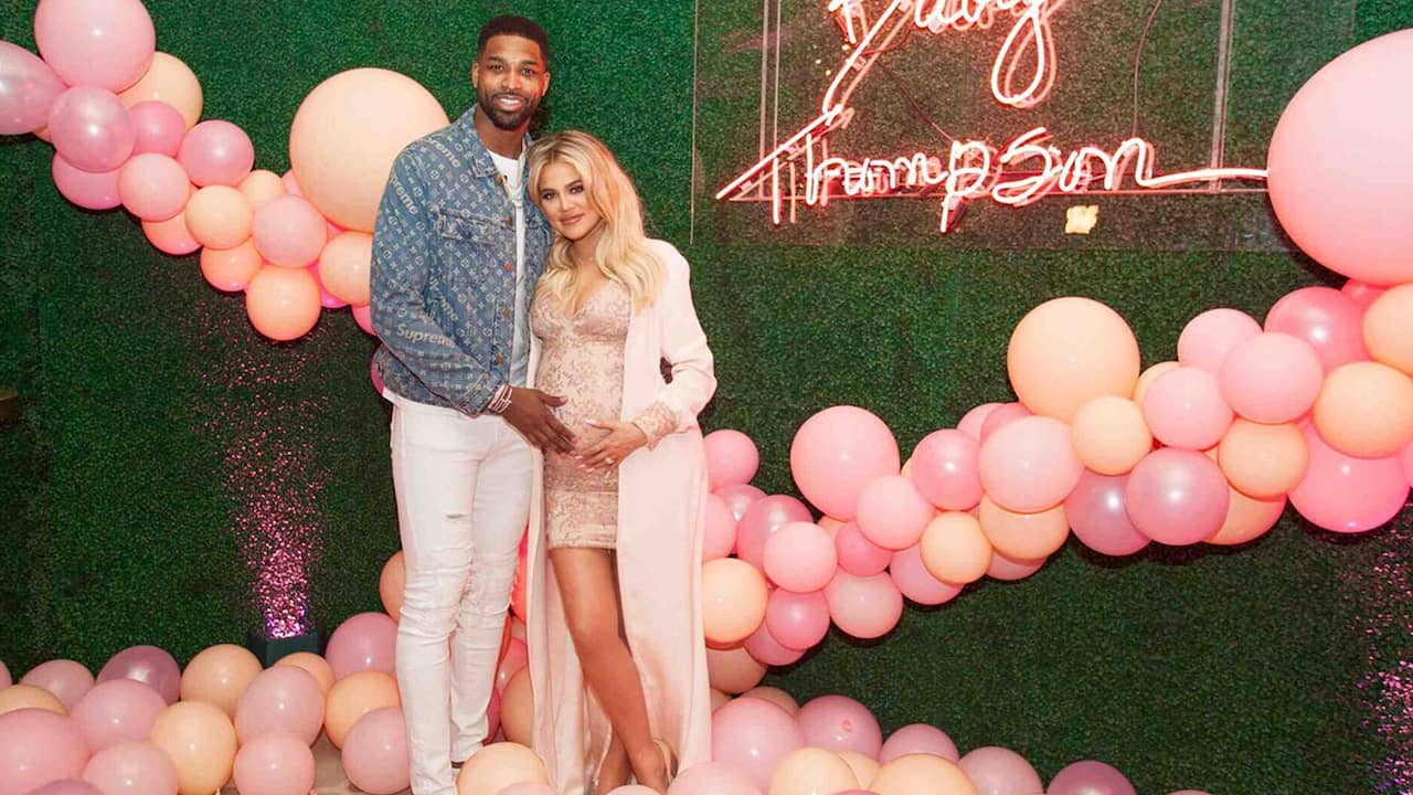 Khloe Kardashian and Tristan Thompson at a baby shower months before True was born.